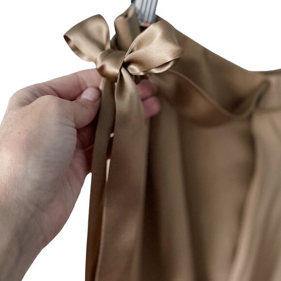 Hugo Boss 100% silk ribbon tie asymmetrical draped mini skirt tan neutral size 4 - Picture 2 of 6